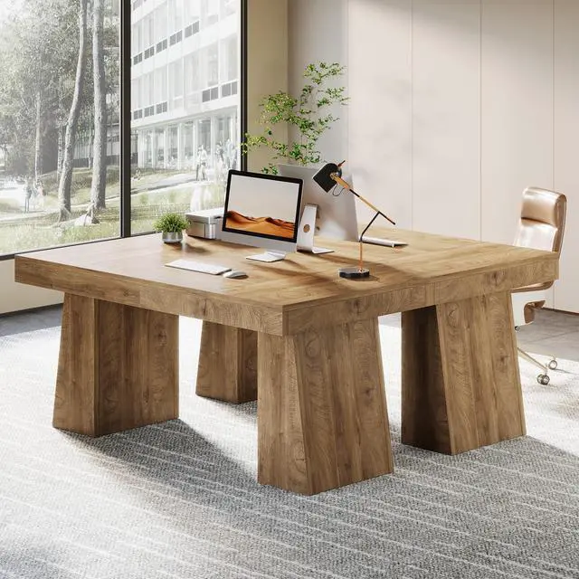 Alt view image 5 of 6 - 55-Inch Executive Desk, Thick Wood Office Computer Desk with Double Pedestal, Modern Minimalist Workstations Writing Table Conference Table Furniture for Home Office, Brown