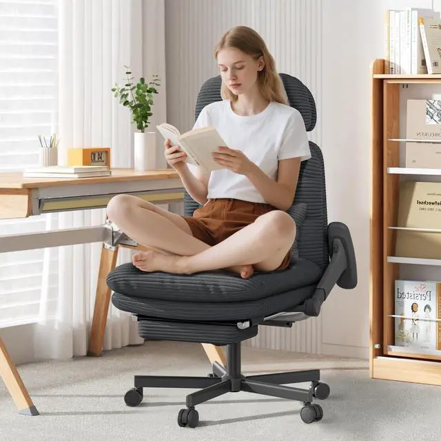 Main image of Criss Cross Legged Office Chair with Flip-up Arms, Footrest, G800 Plus | 6.3" Cushion Relieves Tailbone Pain, Head-Lumbar Support Eases Fatigue, Smooth Rolling Wheels, Corduroy Desk Seating, Black