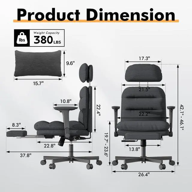 Alt view image 2 of 6 - Criss Cross Legged Office Chair with Flip-up Arms, Footrest, G800 Plus | 6.3" Cushion Relieves Tailbone Pain, Head-Lumbar Support Eases Fatigue, Smooth Rolling Wheels, Corduroy Desk Seating, Black