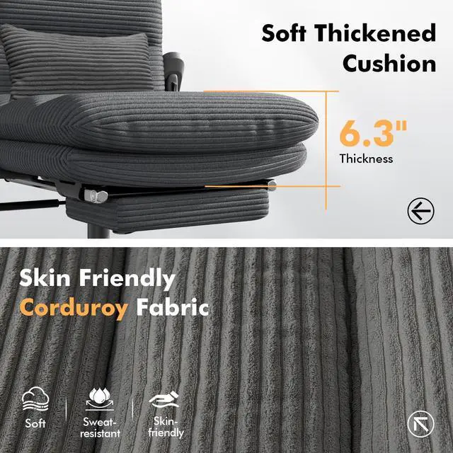 Alt view image 3 of 6 - Criss Cross Legged Office Chair with Flip-up Arms, Footrest, G800 Plus | 6.3" Cushion Relieves Tailbone Pain, Head-Lumbar Support Eases Fatigue, Smooth Rolling Wheels, Corduroy Desk Seating, Black