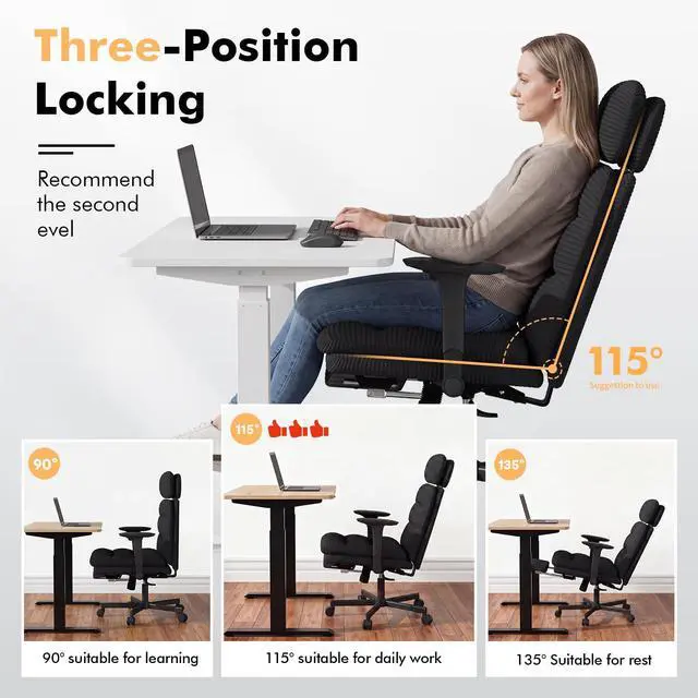 Alt view image 4 of 6 - Criss Cross Legged Office Chair with Flip-up Arms, Footrest, G800 Plus | 6.3" Cushion Relieves Tailbone Pain, Head-Lumbar Support Eases Fatigue, Smooth Rolling Wheels, Corduroy Desk Seating, Black