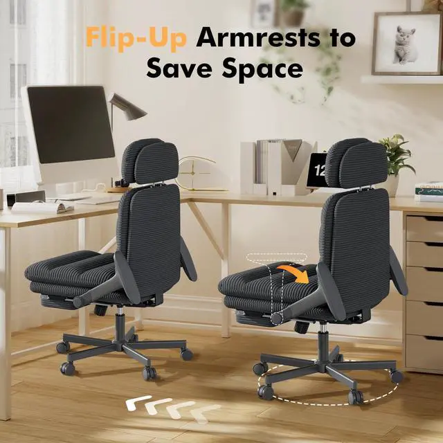Alt view image 5 of 6 - Criss Cross Legged Office Chair with Flip-up Arms, Footrest, G800 Plus | 6.3" Cushion Relieves Tailbone Pain, Head-Lumbar Support Eases Fatigue, Smooth Rolling Wheels, Corduroy Desk Seating, Black