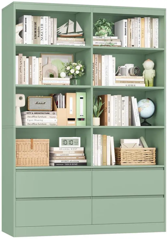 Main image of Bookshelves and Bookcase, 6-Tier Double Wide Bookshelf with Drawers, 71" Tall Bookshelf Large Open Book Shelf Standing Book Case for Home Office, Green