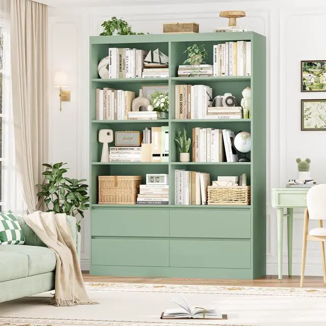 Alt view image 2 of 6 - Bookshelves and Bookcase, 6-Tier Double Wide Bookshelf with Drawers, 71" Tall Bookshelf Large Open Book Shelf Standing Book Case for Home Office, Green