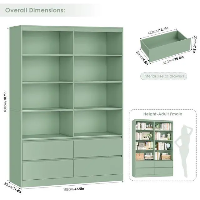 Alt view image 3 of 6 - Bookshelves and Bookcase, 6-Tier Double Wide Bookshelf with Drawers, 71" Tall Bookshelf Large Open Book Shelf Standing Book Case for Home Office, Green