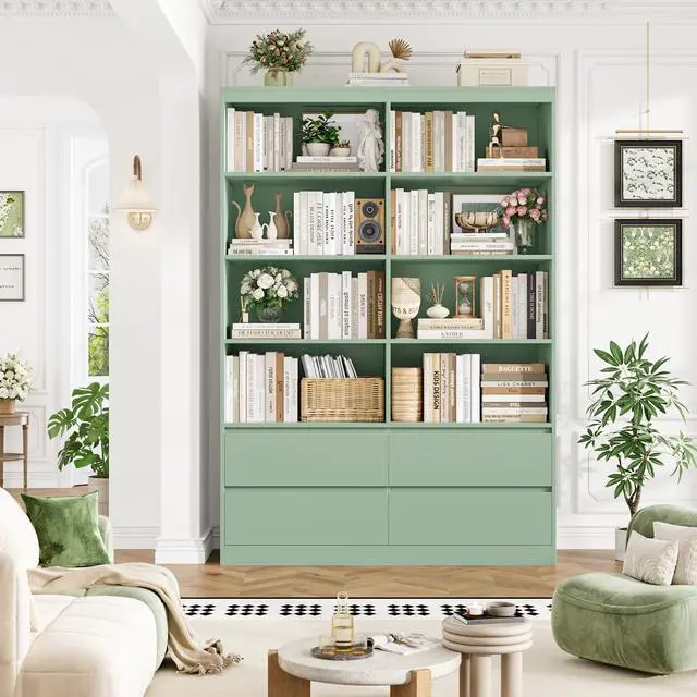 Alt view image 4 of 6 - Bookshelves and Bookcase, 6-Tier Double Wide Bookshelf with Drawers, 71" Tall Bookshelf Large Open Book Shelf Standing Book Case for Home Office, Green