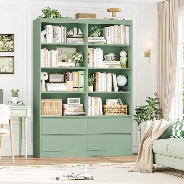 Alt view image 5 of 6 - Bookshelves and Bookcase, 6-Tier Double Wide Bookshelf with Drawers, 71" Tall Bookshelf Large Open Book Shelf Standing Book Case for Home Office, Green