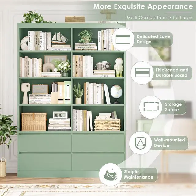 Alt view image 6 of 6 - Bookshelves and Bookcase, 6-Tier Double Wide Bookshelf with Drawers, 71" Tall Bookshelf Large Open Book Shelf Standing Book Case for Home Office, Green