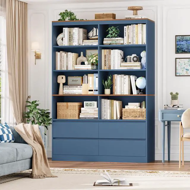 Alt view image 2 of 6 - 71" Bookshelf with Drawers, 6-Tier Double Wide Bookshelves and Bookcases with Storage, Tall Bookshelf Large Open Book Shelf Standing Book Case for Home Office, Blue