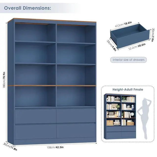 Alt view image 3 of 6 - 71" Bookshelf with Drawers, 6-Tier Double Wide Bookshelves and Bookcases with Storage, Tall Bookshelf Large Open Book Shelf Standing Book Case for Home Office, Blue