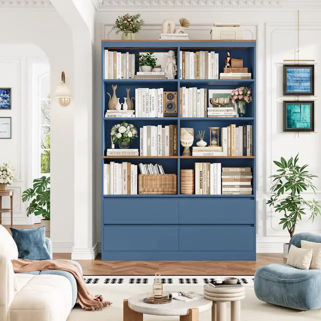 Alt view image 4 of 6 - 71" Bookshelf with Drawers, 6-Tier Double Wide Bookshelves and Bookcases with Storage, Tall Bookshelf Large Open Book Shelf Standing Book Case for Home Office, Blue