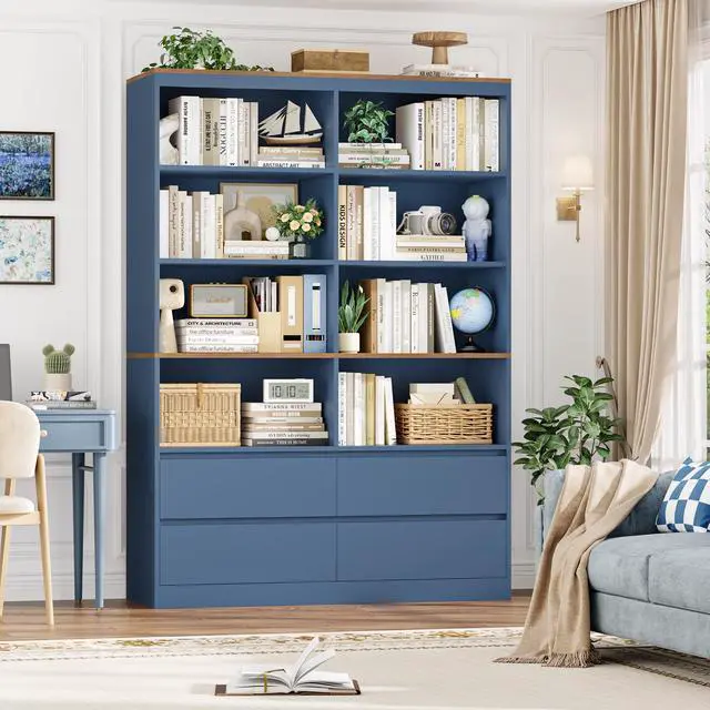 Alt view image 5 of 6 - 71" Bookshelf with Drawers, 6-Tier Double Wide Bookshelves and Bookcases with Storage, Tall Bookshelf Large Open Book Shelf Standing Book Case for Home Office, Blue