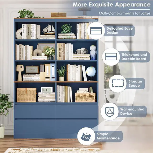 Alt view image 6 of 6 - 71" Bookshelf with Drawers, 6-Tier Double Wide Bookshelves and Bookcases with Storage, Tall Bookshelf Large Open Book Shelf Standing Book Case for Home Office, Blue