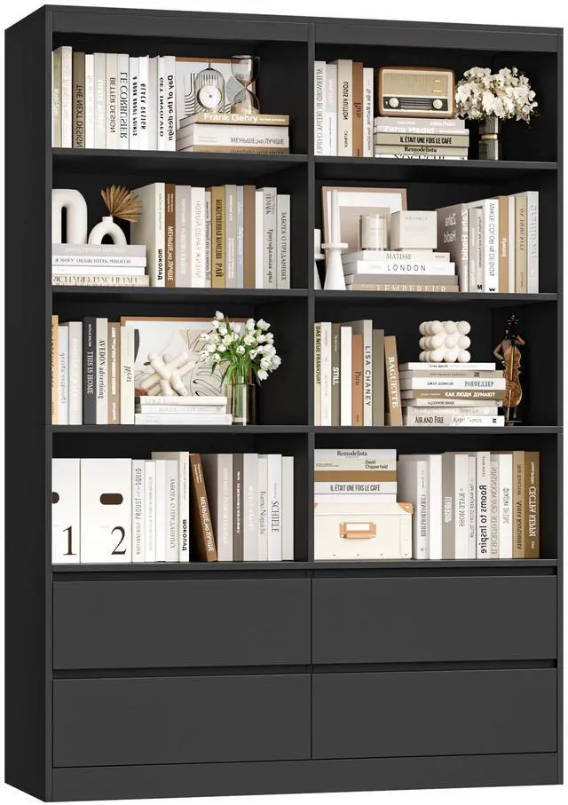 Main image of 71" Black Bookshelf with Drawers, 6-Tier Double Wide Bookshelves and Bookcases with Storage, Tall Bookshelf Large Open Book Shelf Standing Book Case for Home Office, Black