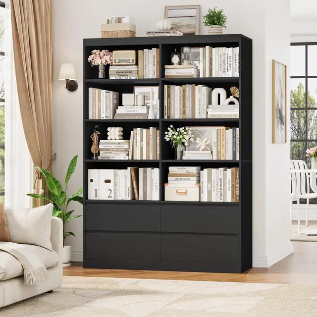 Alt view image 2 of 6 - 71" Black Bookshelf with Drawers, 6-Tier Double Wide Bookshelves and Bookcases with Storage, Tall Bookshelf Large Open Book Shelf Standing Book Case for Home Office, Black