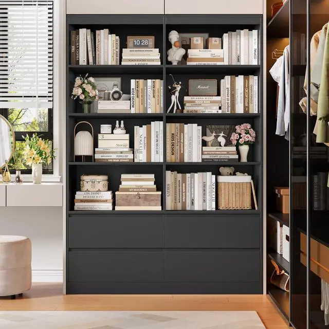Alt view image 3 of 6 - 71" Black Bookshelf with Drawers, 6-Tier Double Wide Bookshelves and Bookcases with Storage, Tall Bookshelf Large Open Book Shelf Standing Book Case for Home Office, Black