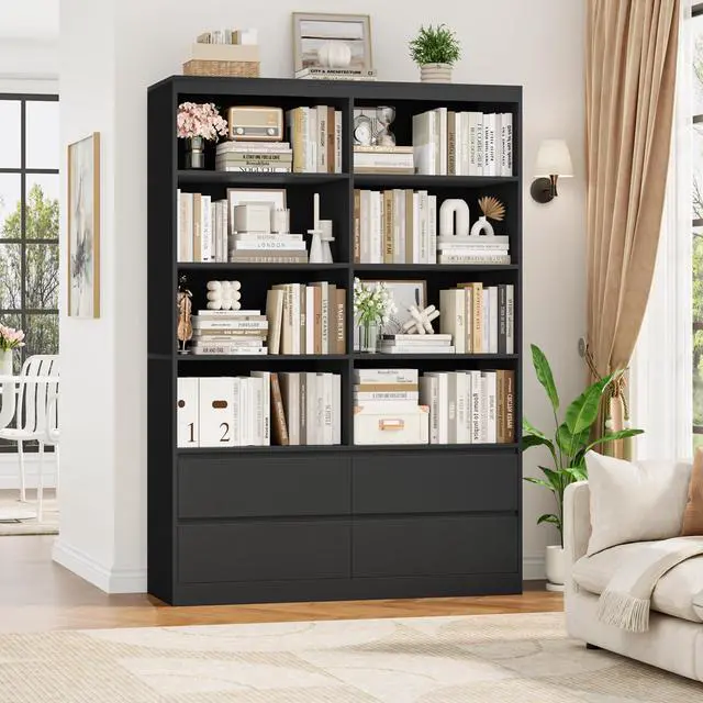 Alt view image 4 of 6 - 71" Black Bookshelf with Drawers, 6-Tier Double Wide Bookshelves and Bookcases with Storage, Tall Bookshelf Large Open Book Shelf Standing Book Case for Home Office, Black