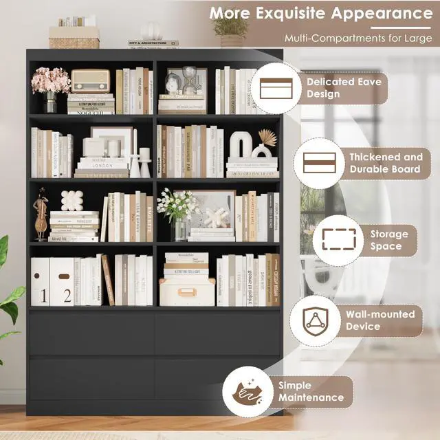 Alt view image 5 of 6 - 71" Black Bookshelf with Drawers, 6-Tier Double Wide Bookshelves and Bookcases with Storage, Tall Bookshelf Large Open Book Shelf Standing Book Case for Home Office, Black