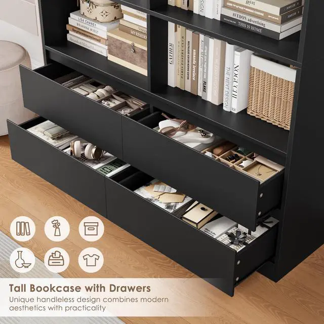 Alt view image 6 of 6 - 71" Black Bookshelf with Drawers, 6-Tier Double Wide Bookshelves and Bookcases with Storage, Tall Bookshelf Large Open Book Shelf Standing Book Case for Home Office, Black
