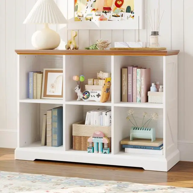 Main image of 6 Cube Storage Organizer, Farmhouse Wood Bookshelf | White finish, cube organizer for bedroom, living room, home office, books or decor display, anti-tipping device