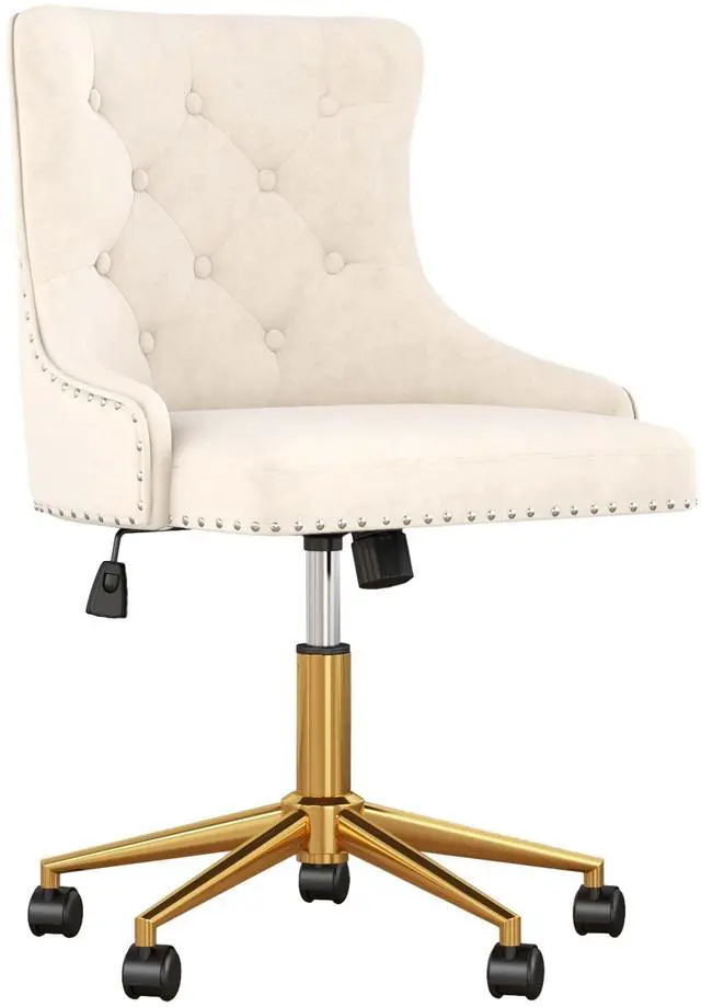 Main image of Beige Velvet Armless Office Chair, Comy High-Back Vanity Chair with Rivet | Modern Small Cute Makeup Chair for Women/Girls, Swivel Height-Adjustable Desk Chair with Gold Base for Living Room, Bedroom