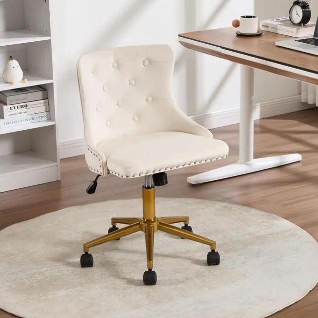 Alt view image 2 of 6 - Beige Velvet Armless Office Chair, Comy High-Back Vanity Chair with Rivet | Modern Small Cute Makeup Chair for Women/Girls, Swivel Height-Adjustable Desk Chair with Gold Base for Living Room, Bedroom