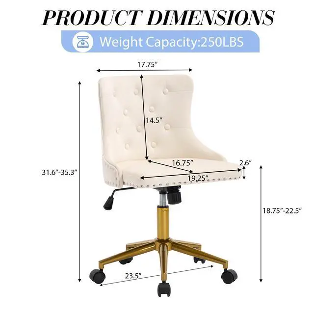 Alt view image 3 of 6 - Beige Velvet Armless Office Chair, Comy High-Back Vanity Chair with Rivet | Modern Small Cute Makeup Chair for Women/Girls, Swivel Height-Adjustable Desk Chair with Gold Base for Living Room, Bedroom