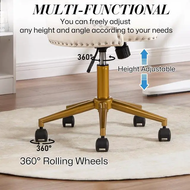 Alt view image 4 of 6 - Beige Velvet Armless Office Chair, Comy High-Back Vanity Chair with Rivet | Modern Small Cute Makeup Chair for Women/Girls, Swivel Height-Adjustable Desk Chair with Gold Base for Living Room, Bedroom