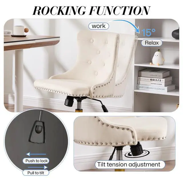Alt view image 5 of 6 - Beige Velvet Armless Office Chair, Comy High-Back Vanity Chair with Rivet | Modern Small Cute Makeup Chair for Women/Girls, Swivel Height-Adjustable Desk Chair with Gold Base for Living Room, Bedroom