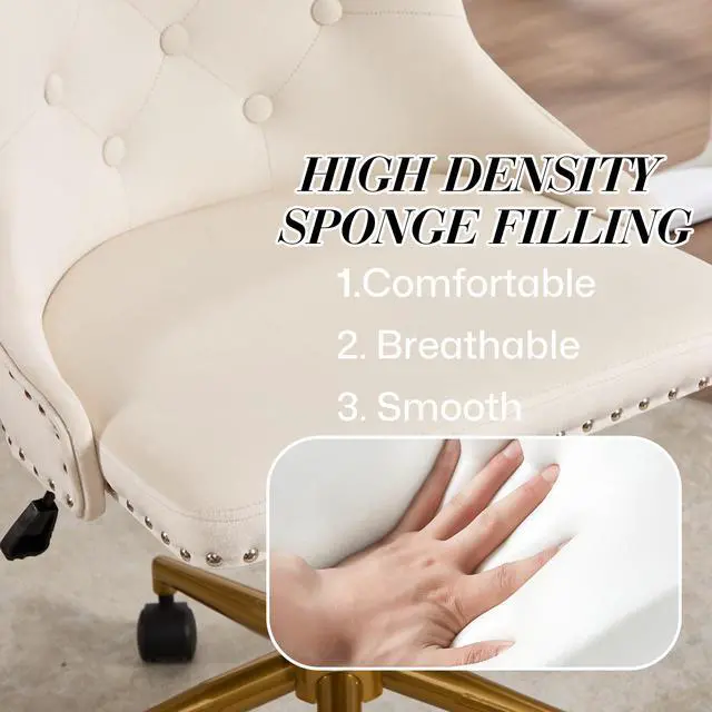 Alt view image 6 of 6 - Beige Velvet Armless Office Chair, Comy High-Back Vanity Chair with Rivet | Modern Small Cute Makeup Chair for Women/Girls, Swivel Height-Adjustable Desk Chair with Gold Base for Living Room, Bedroom