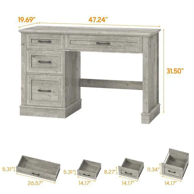 Alt view image 2 of 6 - Farmhouse 47" Executive Desk with 3 Drawers and Adjustable File Drawer, Workspace for Home Office and Study, Grey