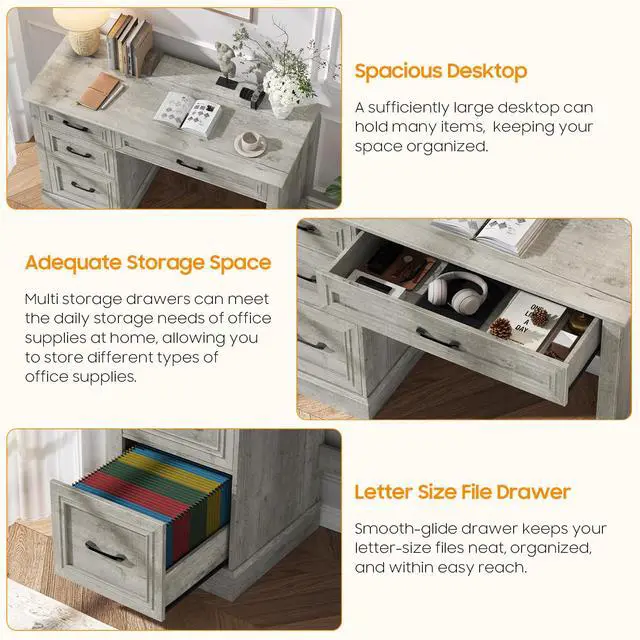 Alt view image 4 of 6 - Farmhouse 47" Executive Desk with 3 Drawers and Adjustable File Drawer, Workspace for Home Office and Study, Grey