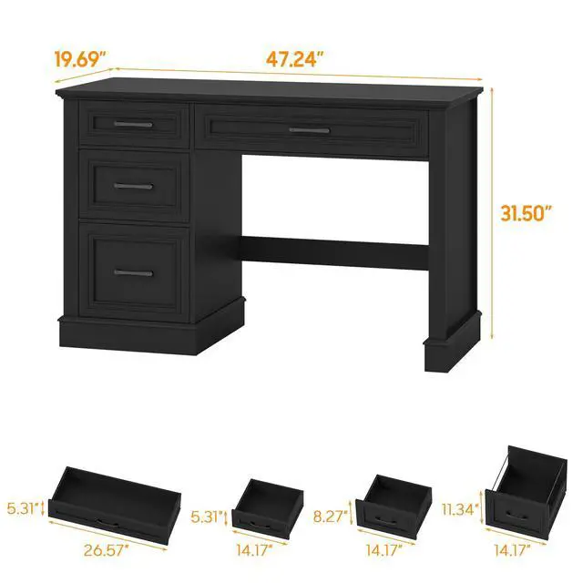 Alt view image 2 of 6 - Farmhouse 47" Executive Desk with 3 Drawers and Adjustable File Drawer, Workspace for Home Office and Study, Pure Black