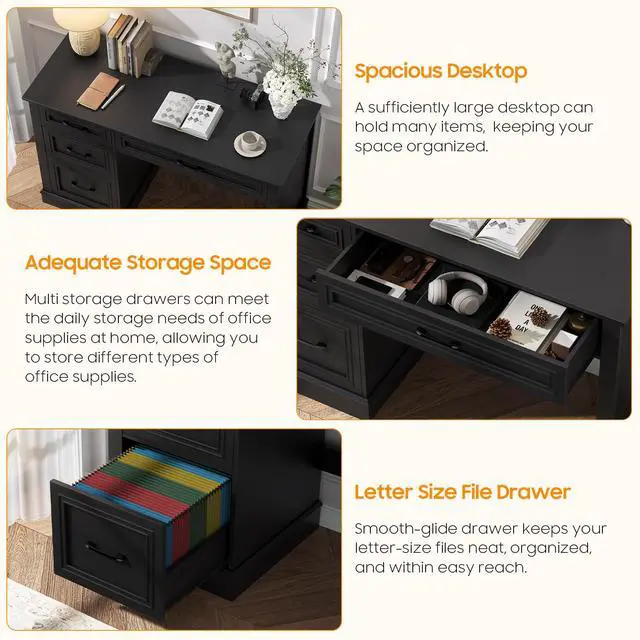 Alt view image 4 of 6 - Farmhouse 47" Executive Desk with 3 Drawers and Adjustable File Drawer, Workspace for Home Office and Study, Pure Black