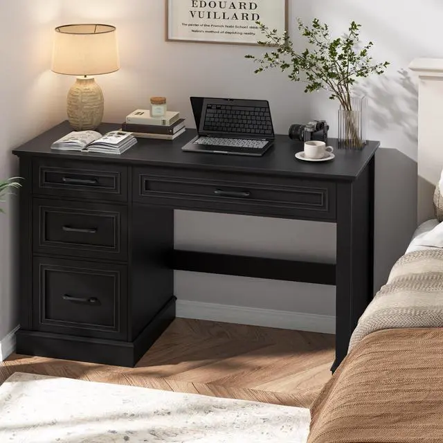 Alt view image 6 of 6 - Farmhouse 47" Executive Desk with 3 Drawers and Adjustable File Drawer, Workspace for Home Office and Study, Pure Black