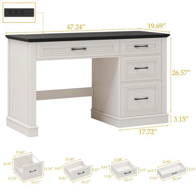 Alt view image 2 of 6 - Farmhouse 47" Executive Desk, Computer Desk with Drawers and File Drawer, Workstation Computer Desk with Charging Station for Home Office, Study,(Black