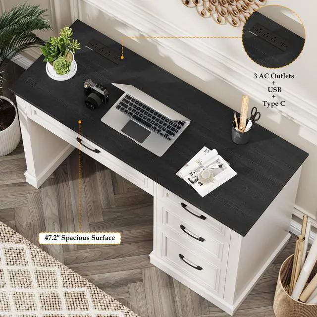 Alt view image 3 of 6 - Farmhouse 47" Executive Desk, Computer Desk with Drawers and File Drawer, Workstation Computer Desk with Charging Station for Home Office, Study,(Black