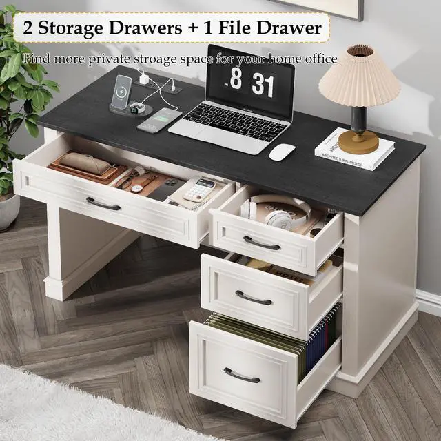 Alt view image 5 of 6 - Farmhouse 47" Executive Desk, Computer Desk with Drawers and File Drawer, Workstation Computer Desk with Charging Station for Home Office, Study,(Black