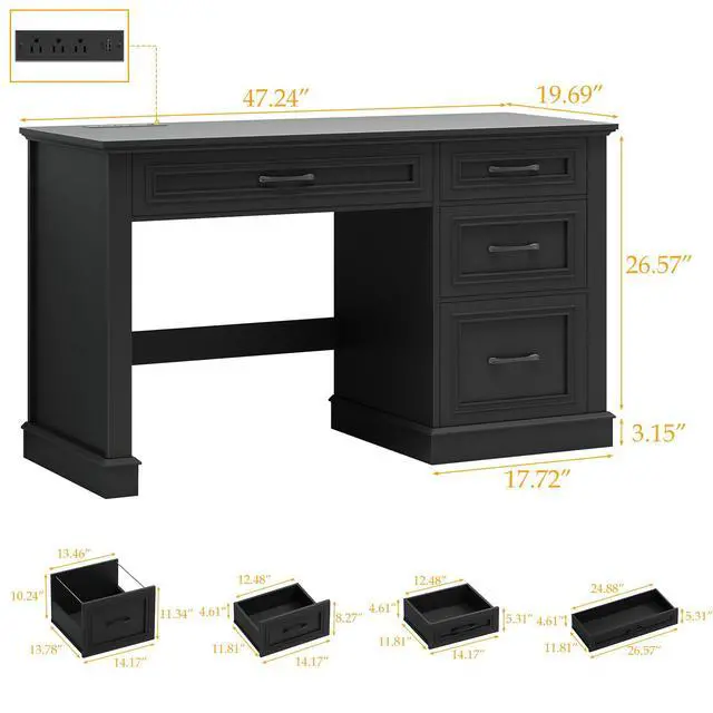 Alt view image 2 of 6 - Farmhouse 47" Executive Desk, Computer Desk with Drawers and File Drawer, Workstation Computer Desk with Charging Station for Home Office, Study.(Pure Black)