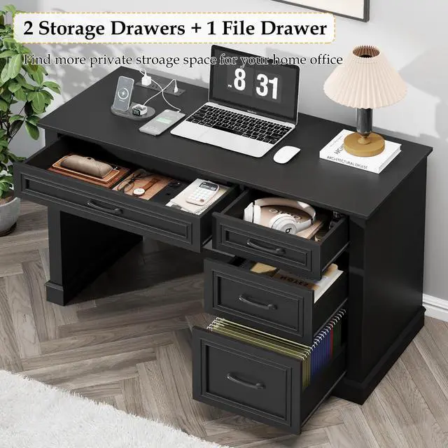 Alt view image 3 of 6 - Farmhouse 47" Executive Desk, Computer Desk with Drawers and File Drawer, Workstation Computer Desk with Charging Station for Home Office, Study.(Pure Black)