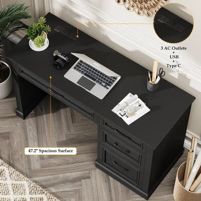 Alt view image 4 of 6 - Farmhouse 47" Executive Desk, Computer Desk with Drawers and File Drawer, Workstation Computer Desk with Charging Station for Home Office, Study.(Pure Black)