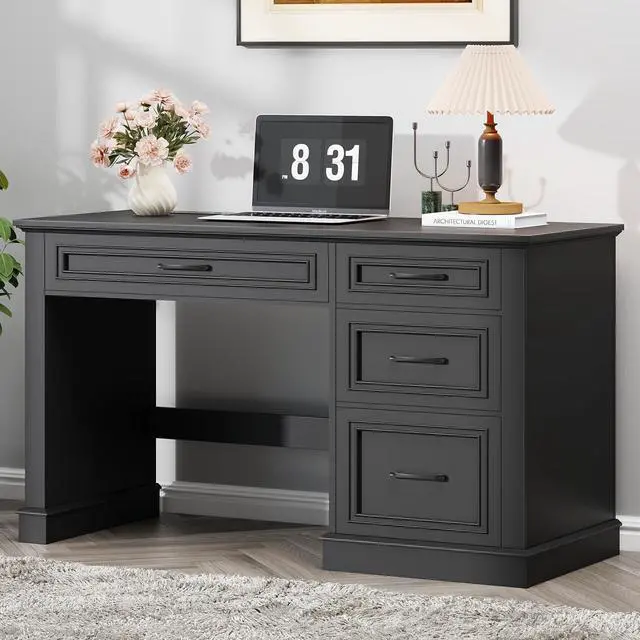 Alt view image 6 of 6 - Farmhouse 47" Executive Desk, Computer Desk with Drawers and File Drawer, Workstation Computer Desk with Charging Station for Home Office, Study.(Pure Black)