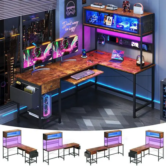 Main image of L Shaped Gaming Desk with Power Outlets & LED Lights, 49'' Reversible Computer Desk with Hutch & Pegboard & Display Cabinet, Corner Home Office Desk with Drawer & Keyboard Tray & Storage Bag, Rustic