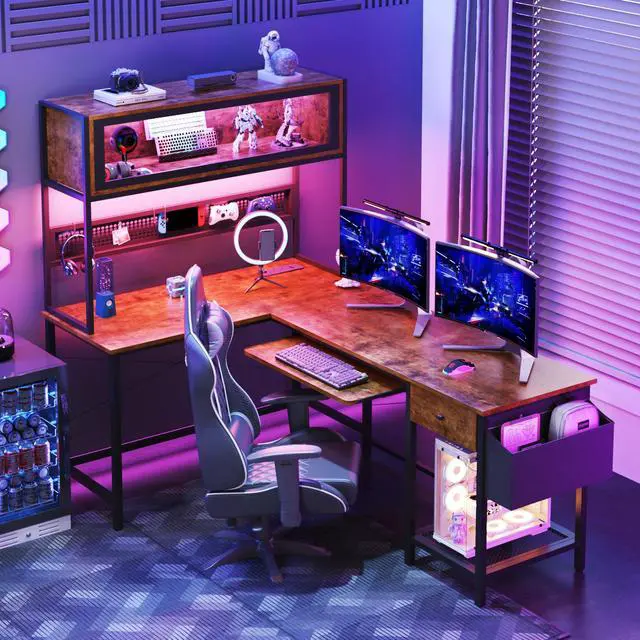 Alt view image 2 of 6 - L Shaped Gaming Desk with Power Outlets & LED Lights, 49'' Reversible Computer Desk with Hutch & Pegboard & Display Cabinet, Corner Home Office Desk with Drawer & Keyboard Tray & Storage Bag, Rustic