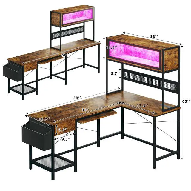 Alt view image 3 of 6 - L Shaped Gaming Desk with Power Outlets & LED Lights, 49'' Reversible Computer Desk with Hutch & Pegboard & Display Cabinet, Corner Home Office Desk with Drawer & Keyboard Tray & Storage Bag, Rustic