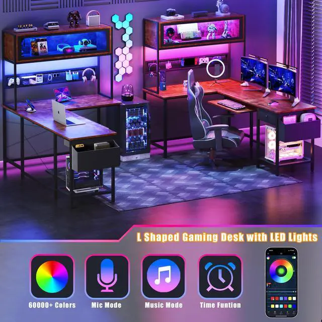 Alt view image 4 of 6 - L Shaped Gaming Desk with Power Outlets & LED Lights, 49'' Reversible Computer Desk with Hutch & Pegboard & Display Cabinet, Corner Home Office Desk with Drawer & Keyboard Tray & Storage Bag, Rustic