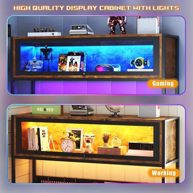 Alt view image 5 of 6 - L Shaped Gaming Desk with Power Outlets & LED Lights, 49'' Reversible Computer Desk with Hutch & Pegboard & Display Cabinet, Corner Home Office Desk with Drawer & Keyboard Tray & Storage Bag, Rustic