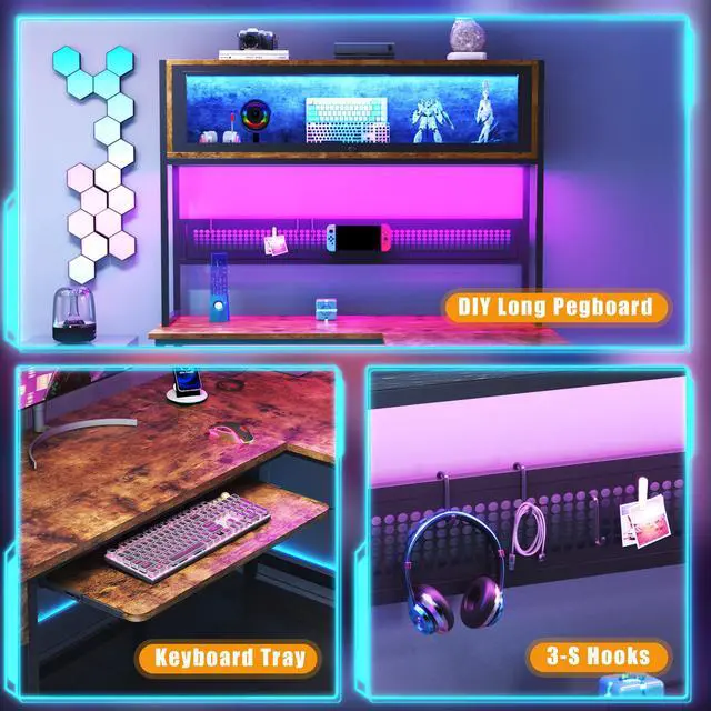 Alt view image 6 of 6 - L Shaped Gaming Desk with Power Outlets & LED Lights, 49'' Reversible Computer Desk with Hutch & Pegboard & Display Cabinet, Corner Home Office Desk with Drawer & Keyboard Tray & Storage Bag, Rustic