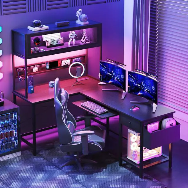 Alt view image 2 of 6 - L Shaped Gaming Desk with Power Outlets & LED Lights, 49'' Reversible Computer Desk with Hutch & Pegboard & Display Cabinet, Corner Home Office Desk with Drawer & Keyboard Tray & Storage Bag, Black