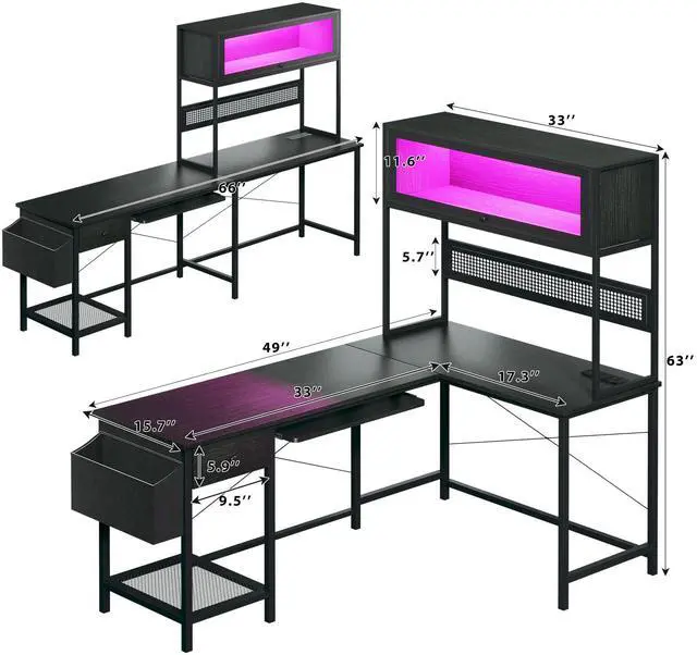 Alt view image 3 of 6 - L Shaped Gaming Desk with Power Outlets & LED Lights, 49'' Reversible Computer Desk with Hutch & Pegboard & Display Cabinet, Corner Home Office Desk with Drawer & Keyboard Tray & Storage Bag, Black